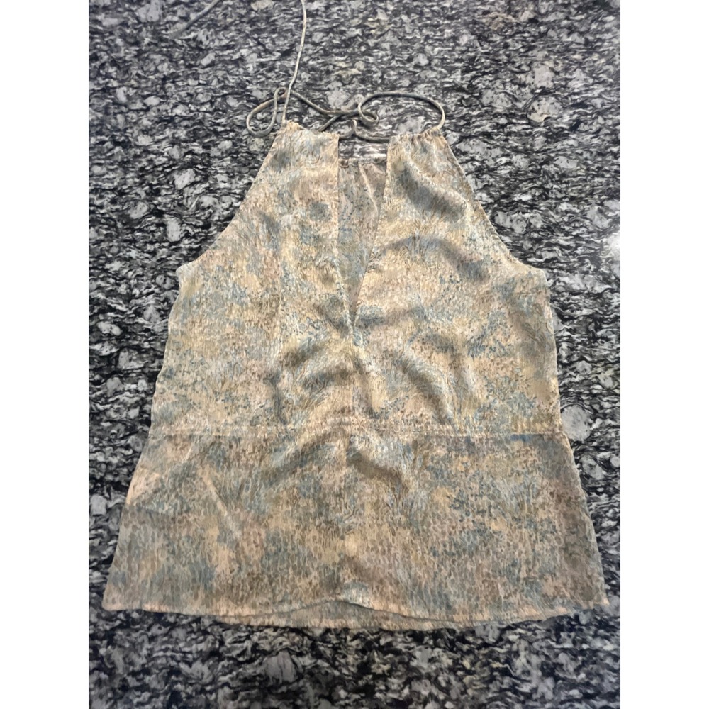 HM Womens Blue Tan Abstract Print Halter Neck Metallic V-Neck Top Size XS